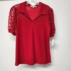Red top by Sweet Violet, Size S, NWT  V-neck, collar, puff sheer sleeves